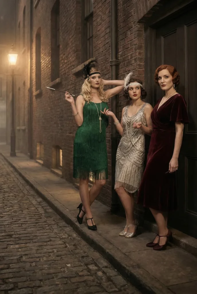 Three elegant 1920s flappers with t-strap shoes. One is holding a long cigarette holder